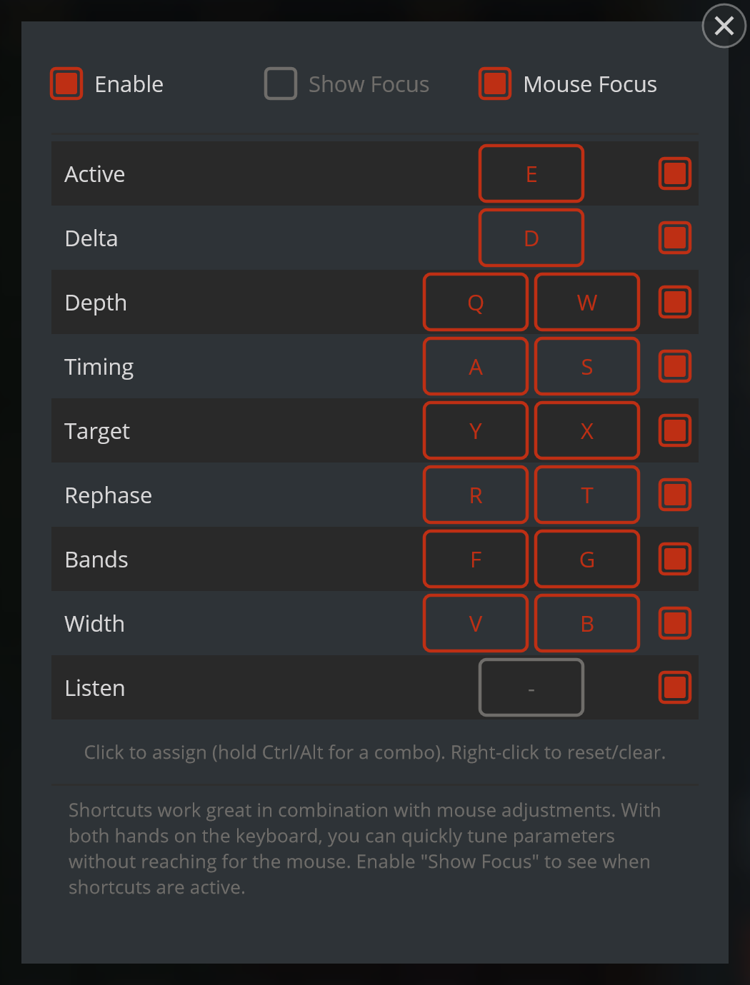 Shortcuts dialog